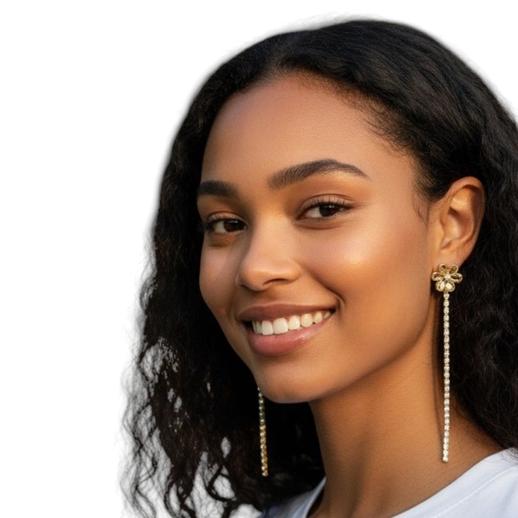 Gold Flower Rhinestone Linear Drop Earrings Pearl Luxe Bling Modern Retro Glam - Picture 11 of 15